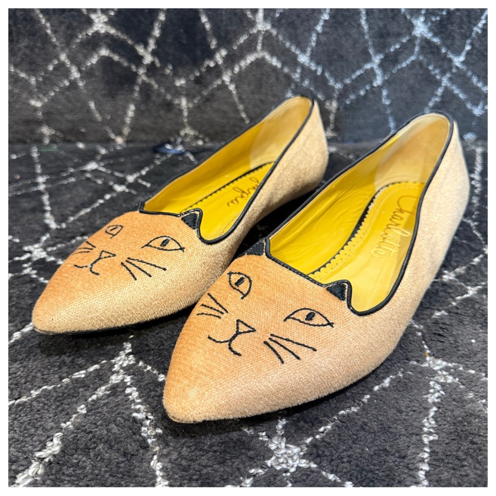 Charlotte Olympia Tan Cat-Embroidered Pointed Flats with Yellow Insole